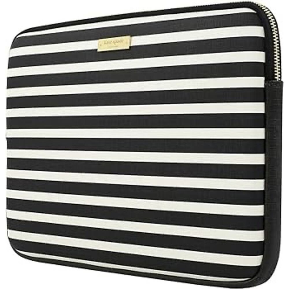 Kate Spade 13" Laptop Sleeve Black Cream Striped Nylon Zippered Case Padded Bag